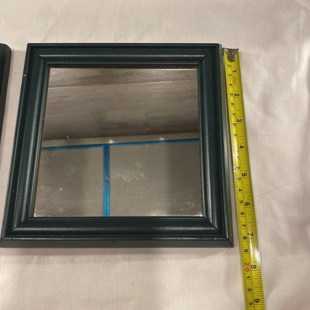 Set Of 2 Vintage Dark Green Wooden Framed Mirrors 7.5 X 7.5 Inches